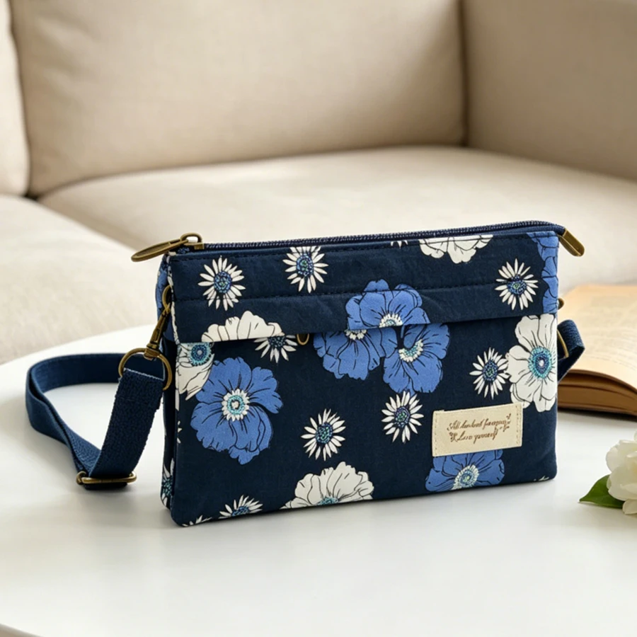 Modische Stofftasche im Landhausstil mit mehrschichtigem Diagonalkreuzstich aus Baumwolle für Damen, geeignet für Mobiltelefone. – Detail 4
