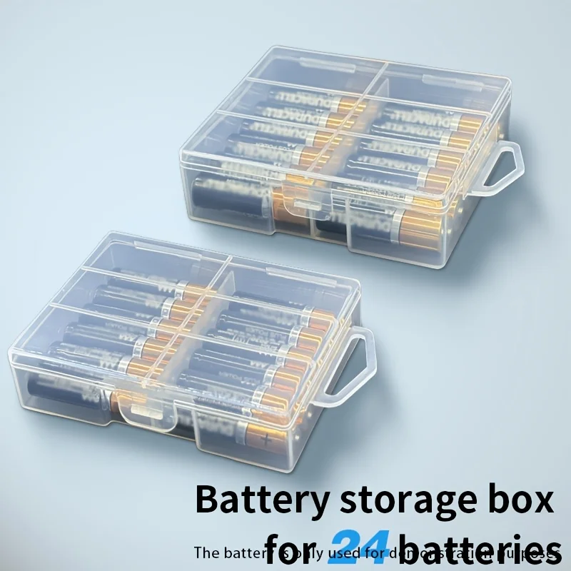 24-Cell Transparent Plastic Battery Storage Box with Dividers, Space-Saving Case for AA/AAA Batteries, Ideal for Home