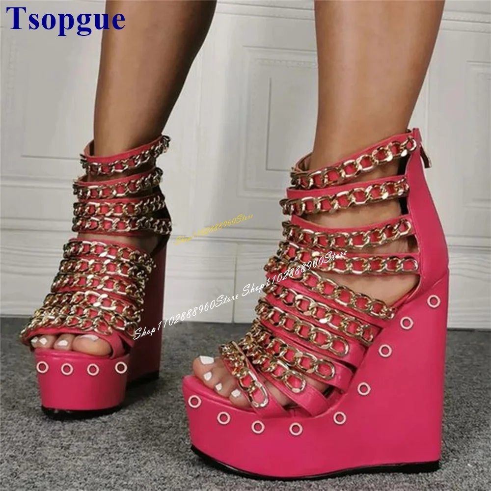 

Trending Rose Red Metal Chain Strappy Sandals Wedges Heel Shoes For Women Back Zipper Open Toe 2024 Fashion Zapatos Para Mujere