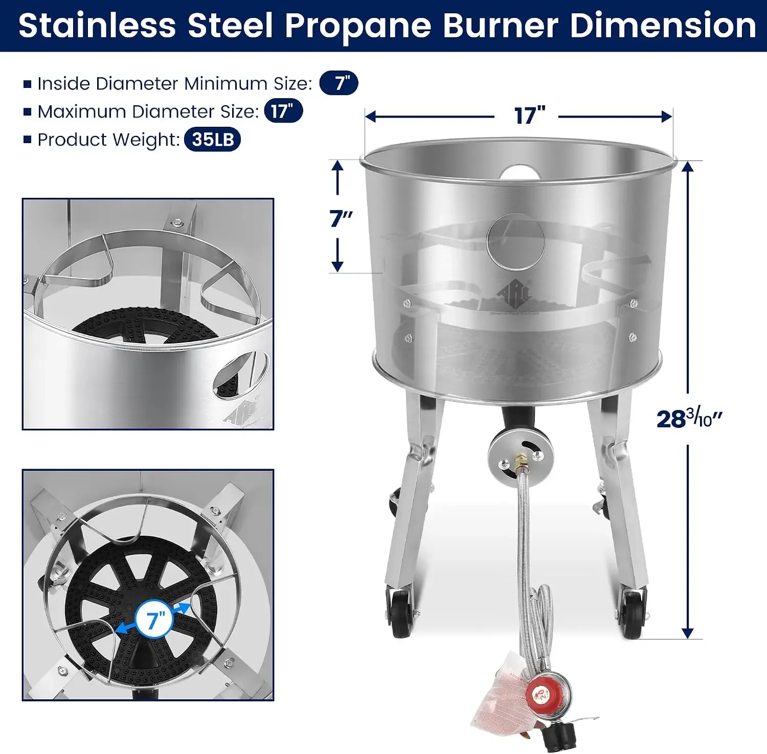 ARC 200K BTU Propane Burner, Wheeled Legs & 360° Windscreen | Stainless Steel Single Stove, High-Output Cooker w/ Wheeled Legs