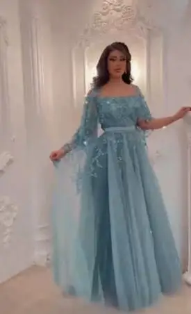 Custom Ice Blue Cap Shawl Sleeve Evening Dress A line Beaded Appliques Tulle Long vestidos de novia C2418