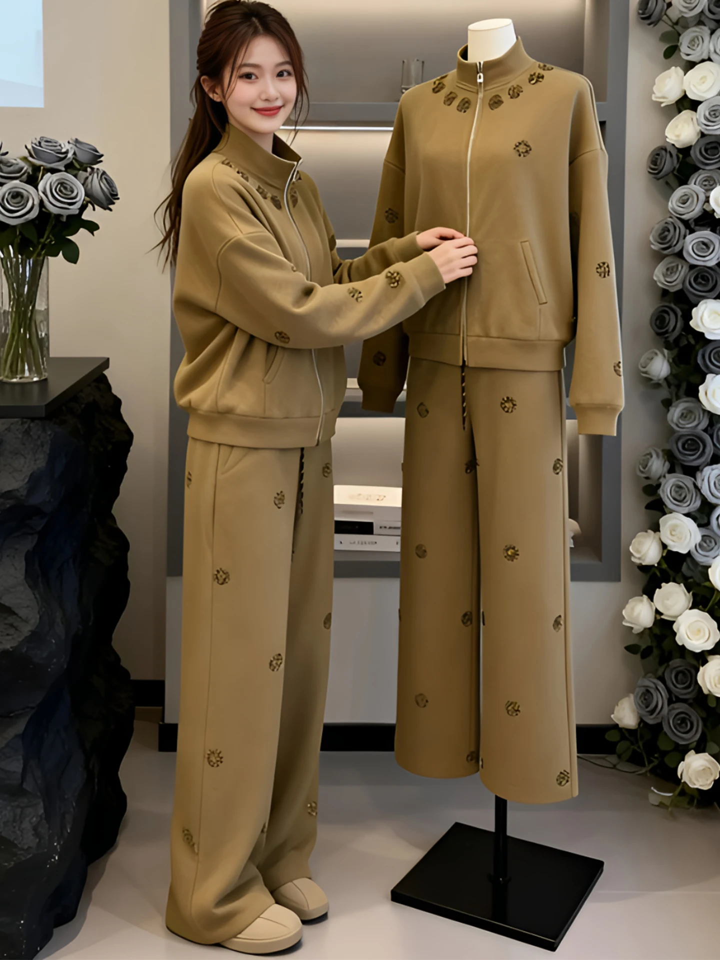 

Fashionable Rhinestone Decorated Loose Fit Women's Winter Wide Leg Pants Set Casual Two Piece Suit High Waist Zipper Closure