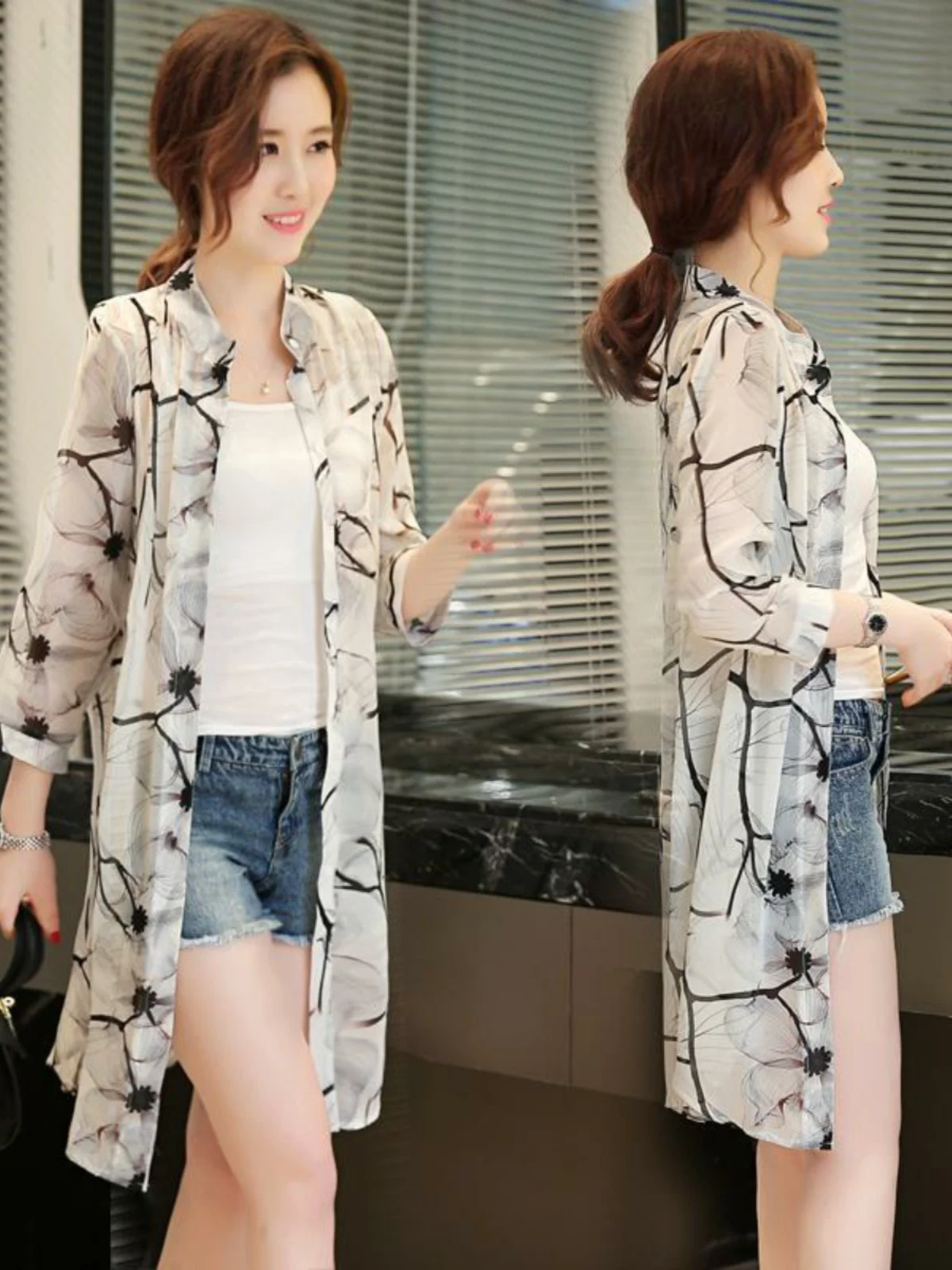 Damska szyfonowa letnia nowa odzież wierzchnia w dużych rozmiarach, chroniąca przed słońcem, rozpinana, cienka, teksturowana.