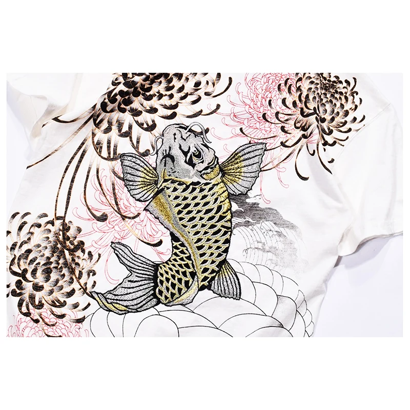 Lyprerazy Japanese Harajuku Ukiyoe Vintage T-shirt Mens Carp Fish Chrysanthemum Embroidery Chinese Style Tattoo T-shirts