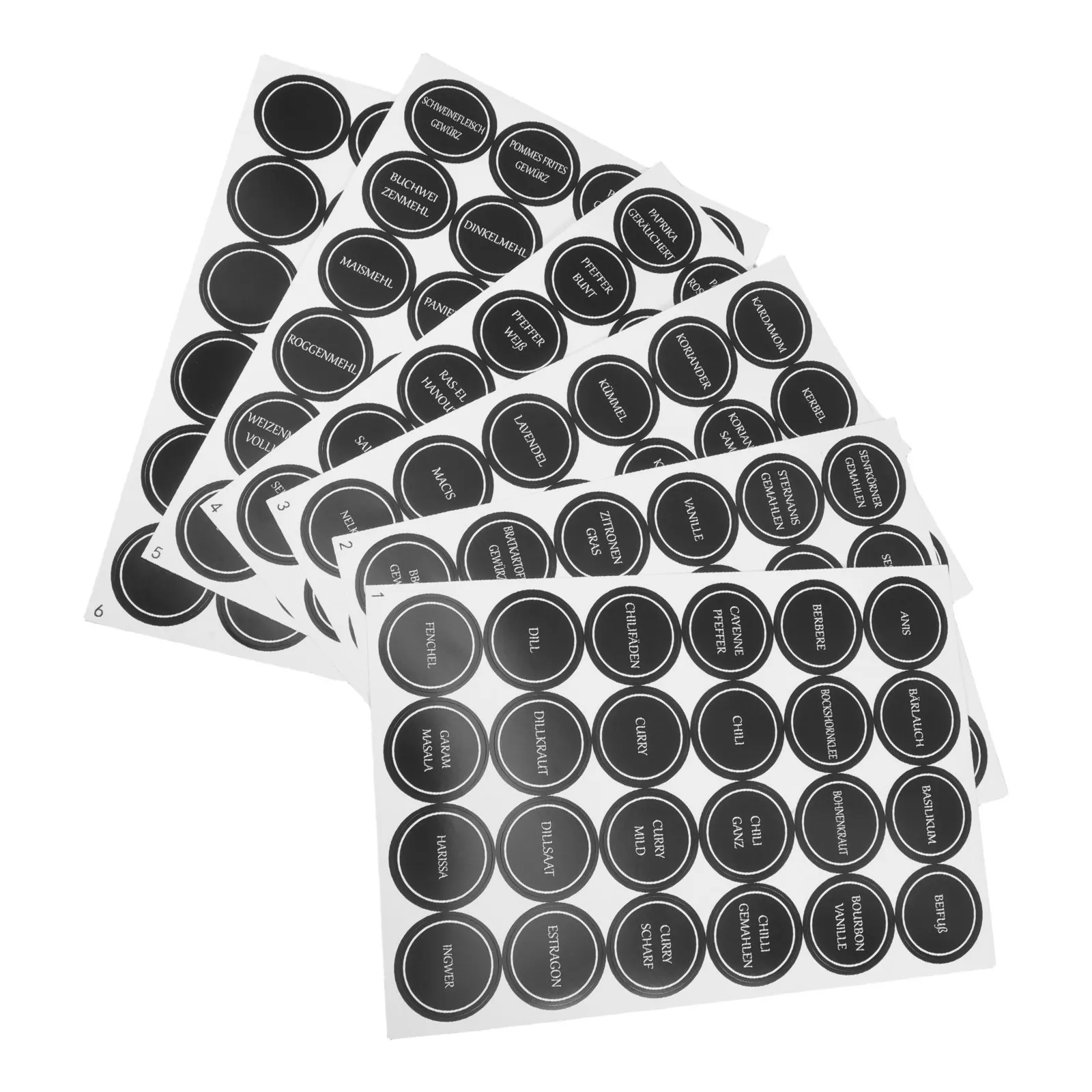 6Sheets Round Minimalist Spice Labels German Language Easy Read Peel Off Stickers for Kitchen Jars Containers Pantry Food