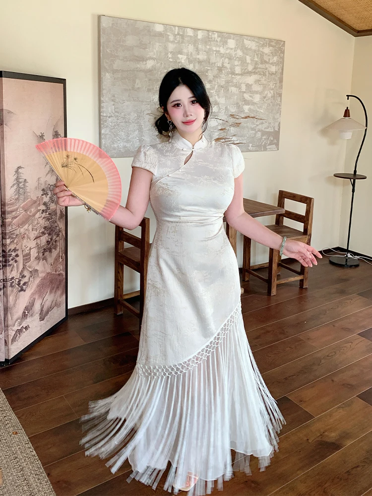 

New Chinese Style plus Size Slim Fit Tassel Splicing Dress High Waist Embroidery Waist Cinching Midi Dress for Fat ...