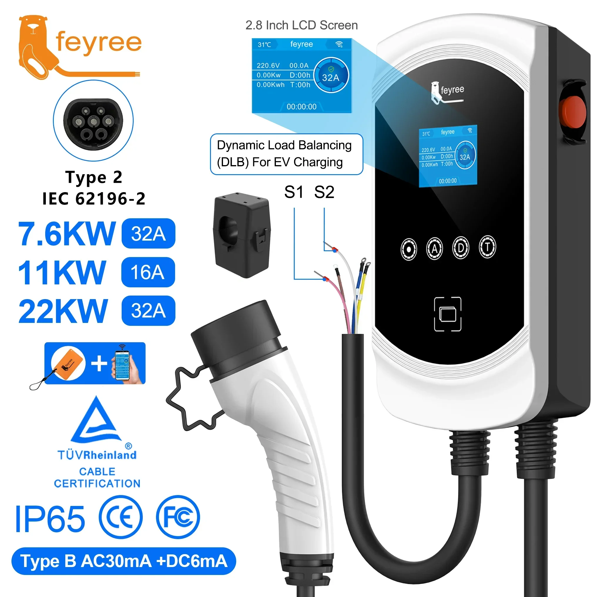 feyree EV Charger Type2 Cable 32A 7.6KW Dynamic Load Blancing EVSE Wallbox APP Function 11KW 22KW Charging Station Electric Car