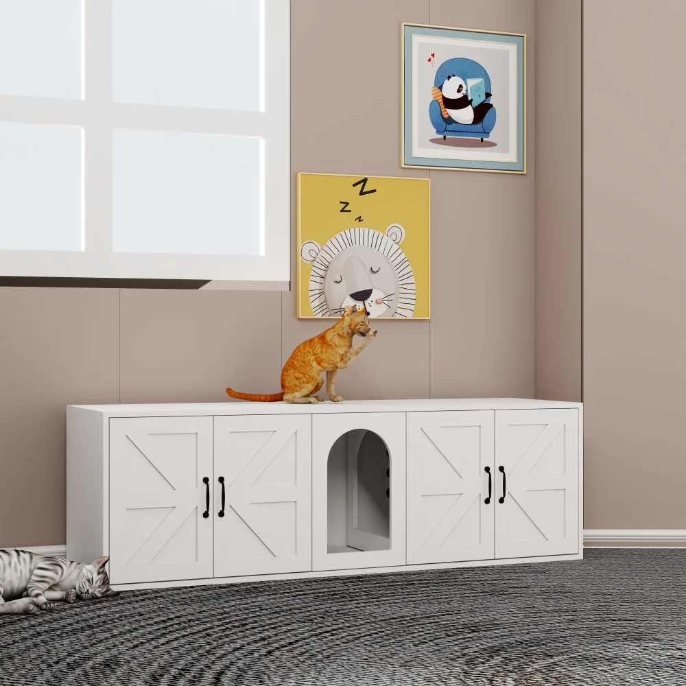 

Two cats litter box shell, modern cat litter box furniture with double room, 59.05" lx 17.71" wx 18.89" h-white