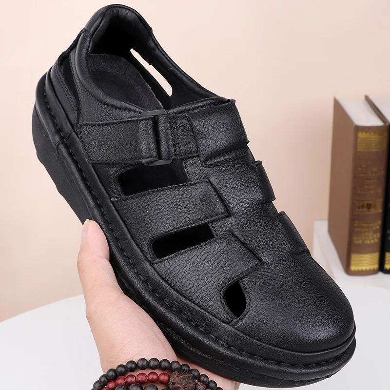 

Very Soft !Mature Men's Summer Genuine Leather Closed Toe Casual Sandals Middle Age Dad Concise Beach Shoes