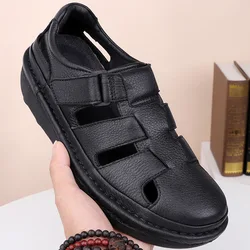 Very Soft !Mature Men's Summer Genuine Leather Closed Toe Casual Sandals Middle Age Dad Concise Beach Shoes