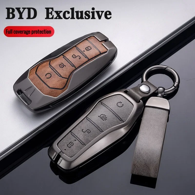 Key Case Cover for BYD Song Plus Atto 3 Han EV Tang DM Qin Seal Dolphin Leather Metal Remote Fob Holder Keychain Car Accessories