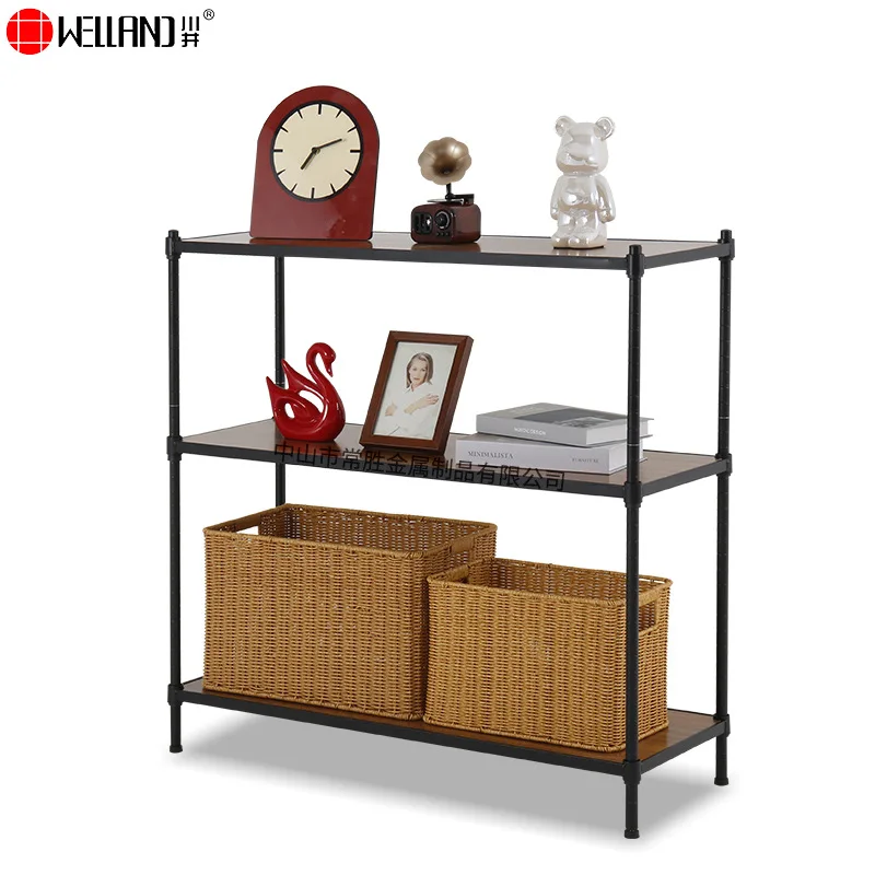 New black three-layer shelf, steel and wood storage display rack, multi-layer bamboo board embedded storage rack, cross-border e