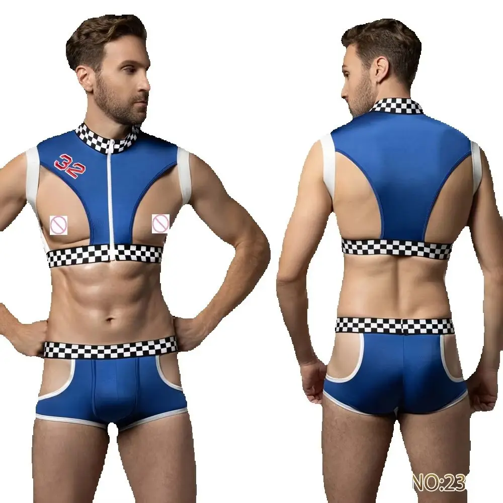 New Design Men's Sexy Two Pieces Cosplay Racing Driver Uniform Male Halloween Party Cosplay Cheerleading Lingerie Sets Gay Wear