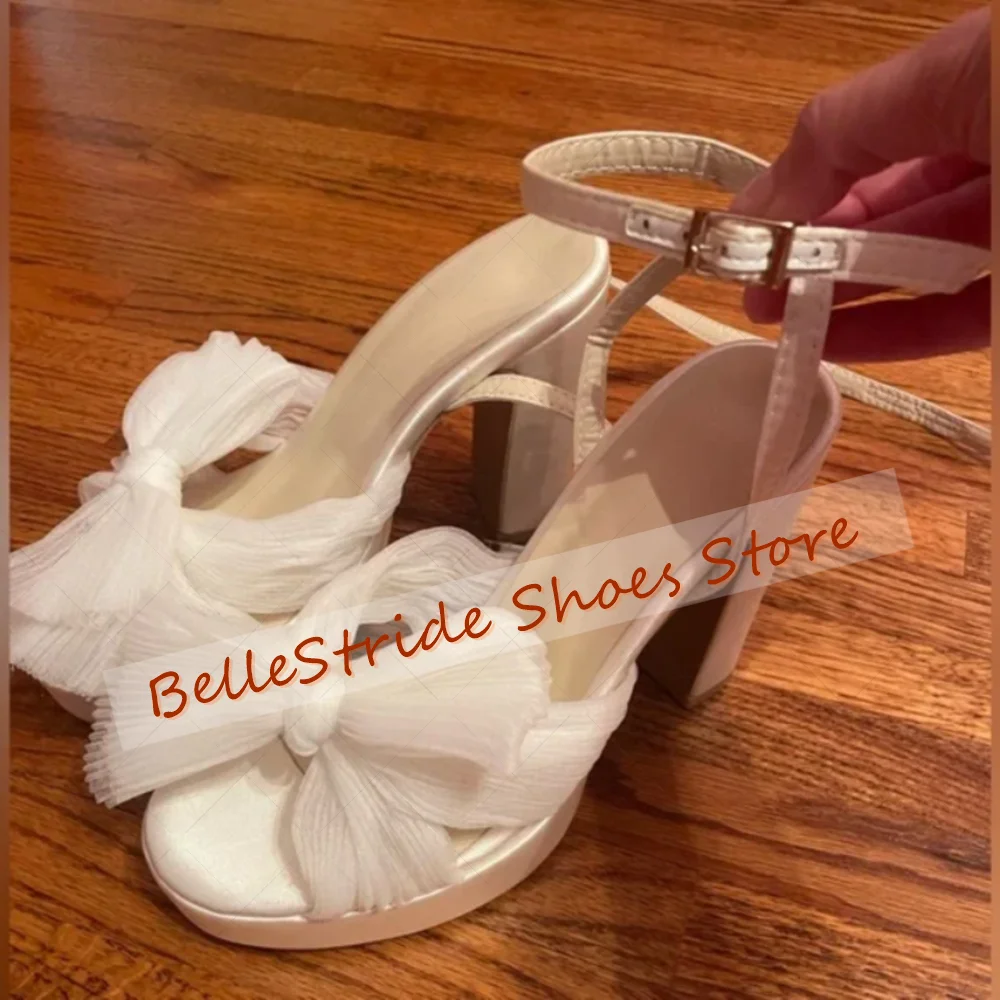 Damasco malha arco nó decoração sandálias fivela cinta sapatos femininos grossos saltos altos festa banquete namoro 2025 zapatos para mujere