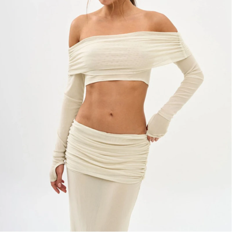 Novedad de verano, vestido largo ajustado plisado de manga corta con hombros oblicuos de Color sólido, conjunto de dos piezas, traje de moda con sentido de diseño para mujer