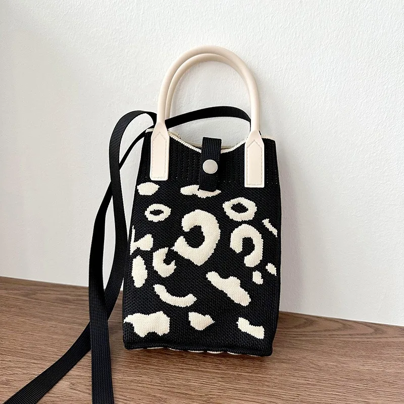 Korean Mini Mobile Phone Bag Version Black and White Spot Knitted Single Crossbody Bags Portable Small Purse Handbag for Women