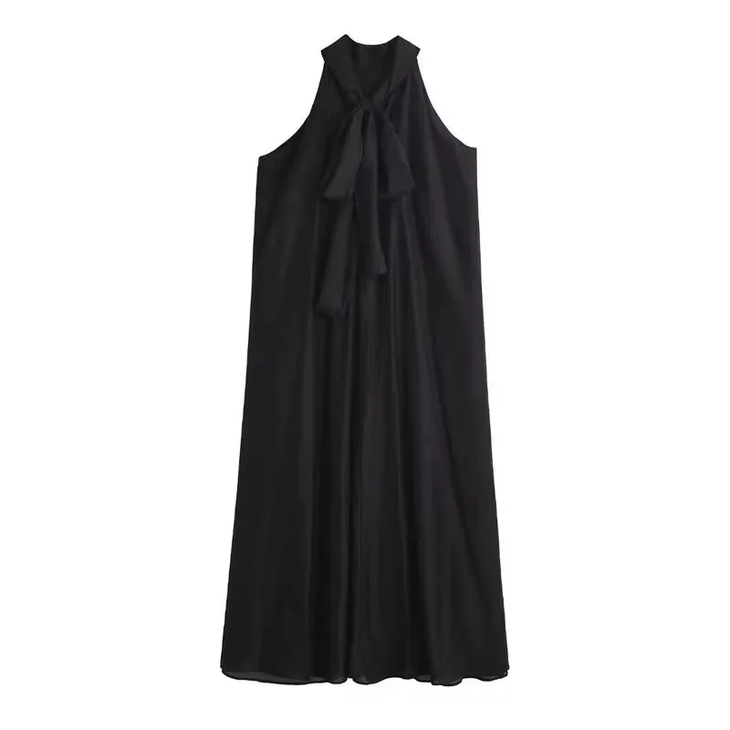 

Vacation Design Shoulder Bared Loose A-Line Black Dress High Waist Polyester Fiber Citywalk Cake Skirt Side Zipper mid Length