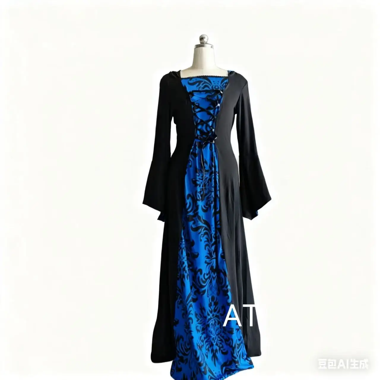 أزياء الهالوين فستان ويكا الساحرة في القرون الوسطى للنساء البالغات مقاس كبير بقلنسوة على الطراز القوطي مطبوع فستان ماكسي عصر النهضة الفيكتوري