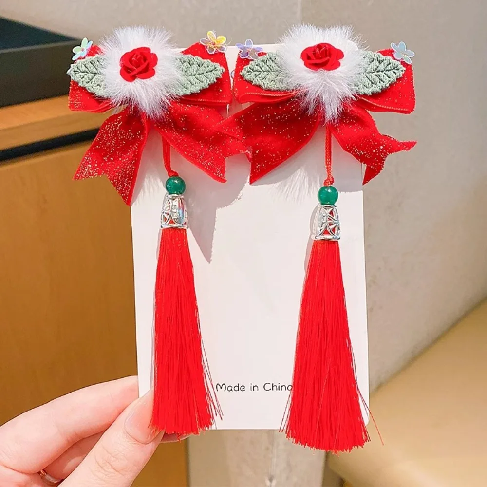 

Chinese Style Children's New Year Hairpin Tang Suit Cute Red Bow Barrettes Hanfu Headwear Flower Ancient Style Hair Clips Girls