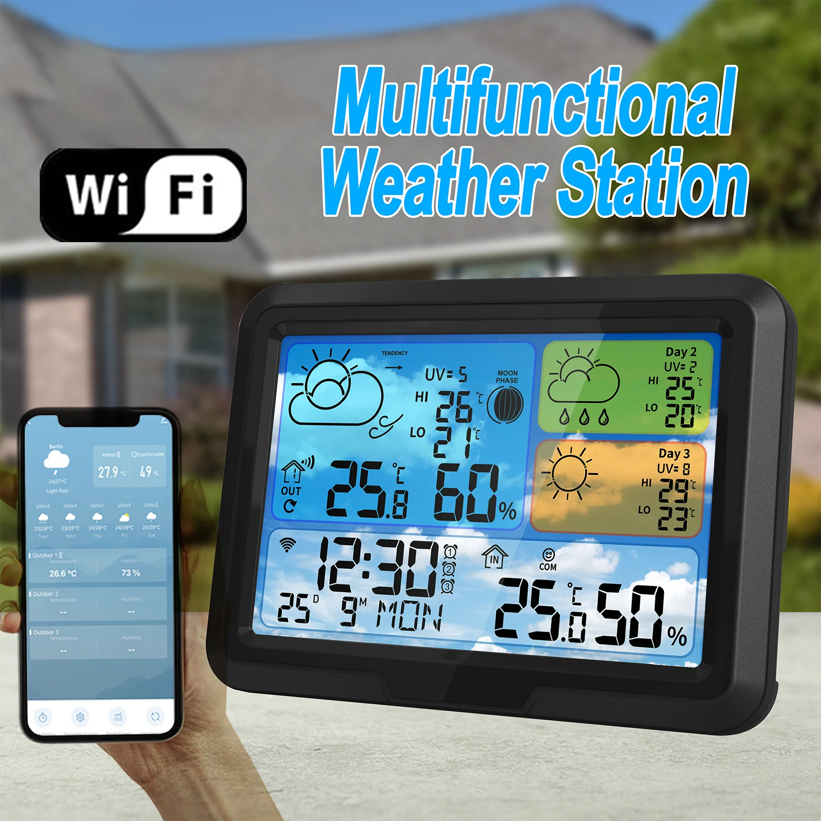 WiFi Weather Station Indoor/Outdoor Weather Thermometer with APP Control Color Display Digital Weather Forecast Moon Phase UV