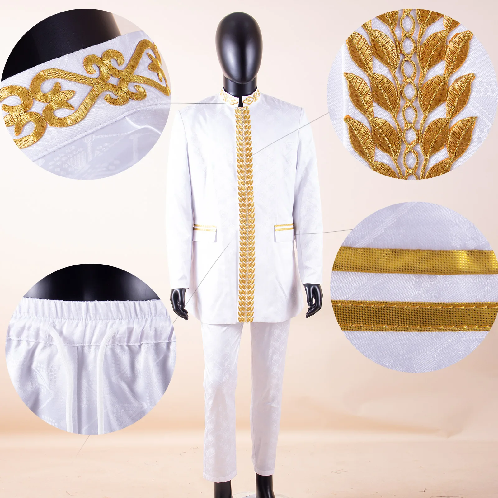 African Men Clothing Bazin Riche Men Suit 2-Piece Set Stand Collar Single Breasted Jacket Blazer Pants Party Wedding 2416082