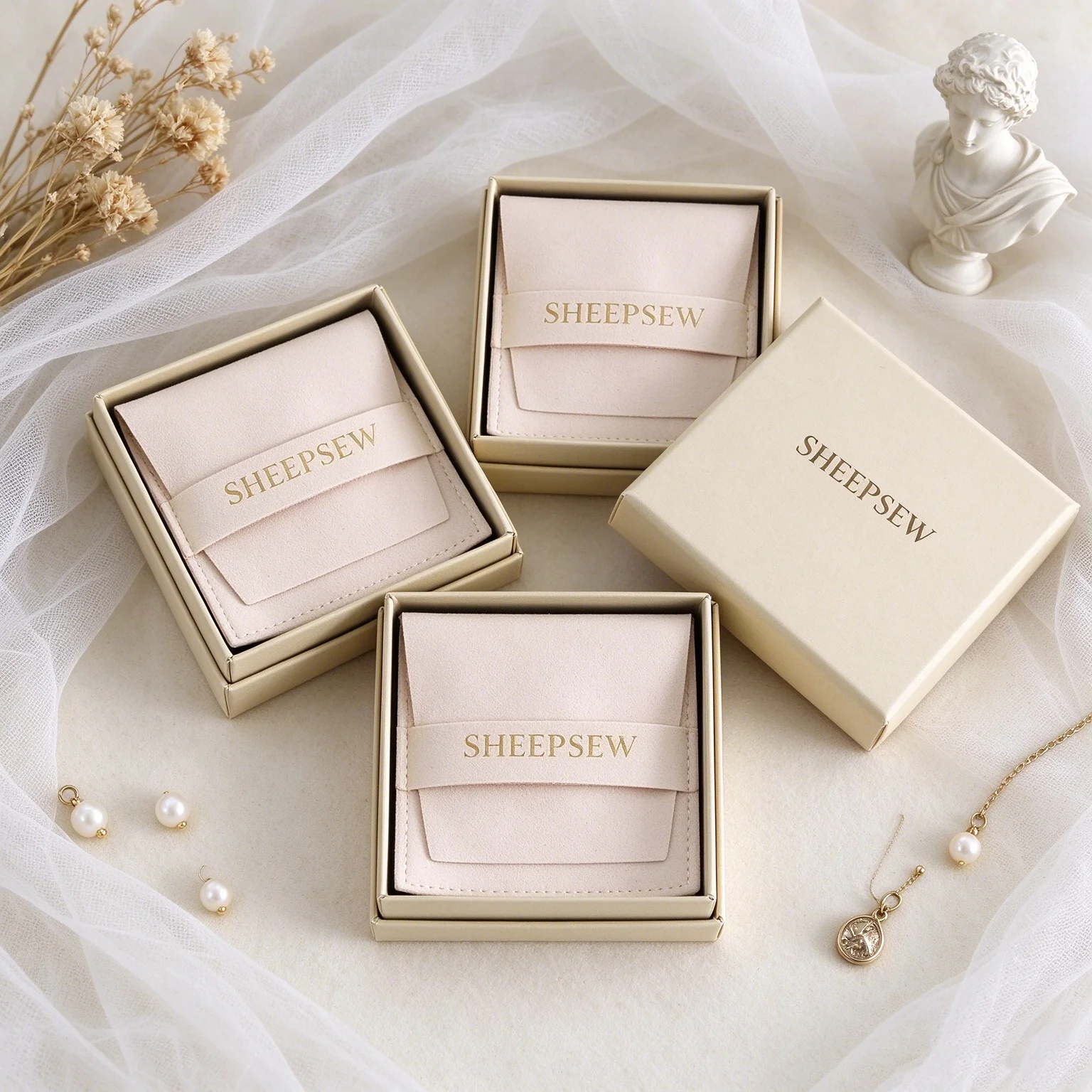 SHEEPSEW 100Pcs/Lot Personalized Logo Microfiber Jewelry Storage Bag Half Cover Ribbon Pouch Wholesale Suede Velvet Wedding Favo