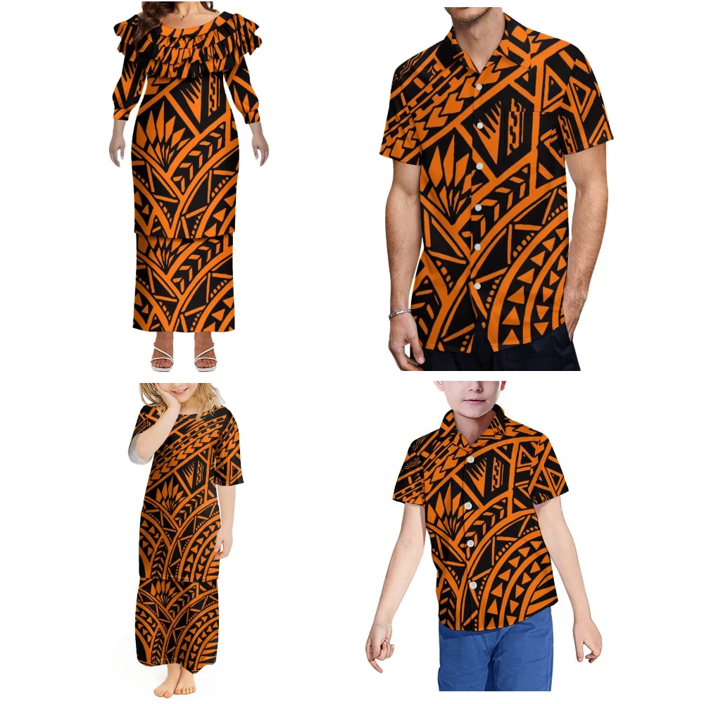 

Кружевное женское платье с рукавами-фонариками в виде листьев лотоса, полинезийский длинный пулетисный костюм на заказ, семейное платье для девочек, рубашка для мальчиков