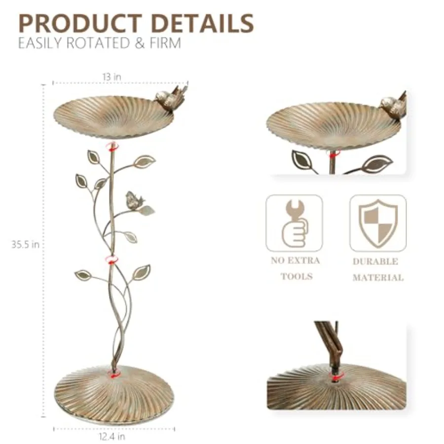 【Spot goods】MUMTOP Bird Baths for Outdoors-Metal Bird Bath Bowl - Golden Birdbaths Stand with Leaf and Bird Decor Bird Feeders view 3