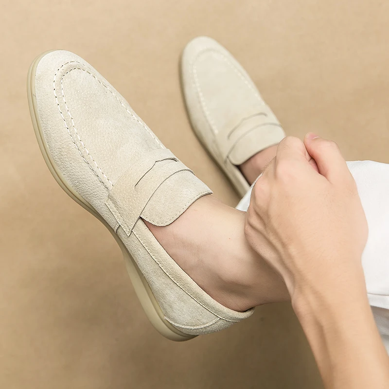 New Loafers for Men Pig Suede Round Toe Solid Slip-On Business Men Dress Shoes Size 38-46