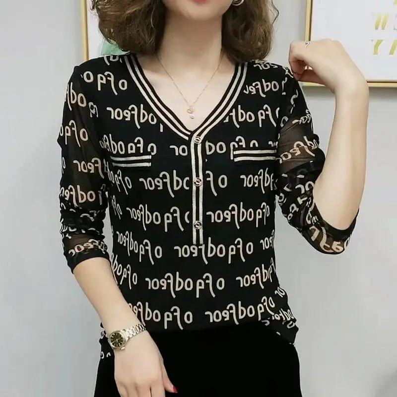 Office Lady V-Neck Alphabetic Stylish Printed T-shirt Chic Button Gauze Spring Autumn New Women's Clothing Long Sleeve Pullovers