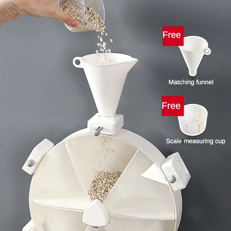 Grains Container Storage Box Wall-Mounted Seperated Cereals Dispenser Moisture-Proof Rice Bucket Rotary Compartment Grain Bucket