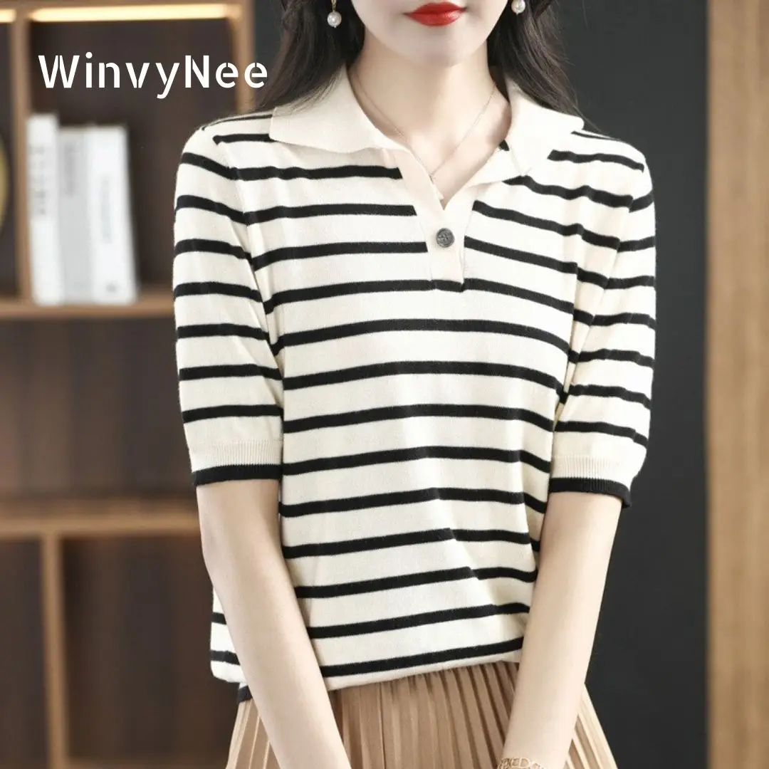 WinvyNee Summer Short Sleeved Women's Solid Polo Shirt Striped Top Casual Cotton T-shirt Women Clothing Casual Knitted A1002002