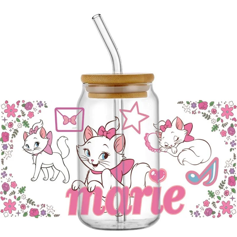 Miniso Marie Cat 16oz UV DTF Cup Wrap Libbey Glass Beer Can tumbler Transfer Sticker Waterproof Permanent Adhesive Spring Flower