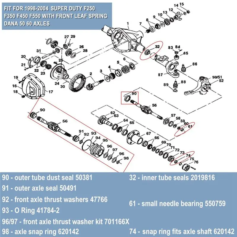 Portable Outer Axle Dust Seal & Inner Tube Seal & Needle Bearing & Snap Ring & Thrust Washer Seals Kit For Ford F250 F350 F450