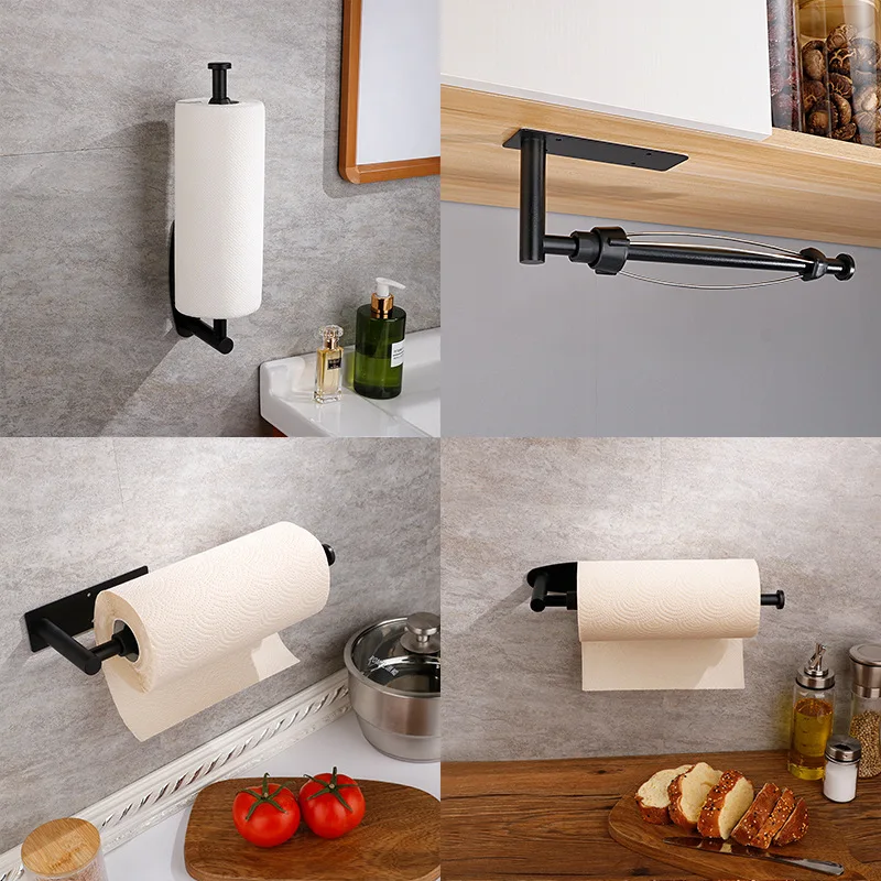 Kitchen with Damping Stainless Steel Kitchen Towel Rack Non Perforated Black Roll Paper Rack Fresh Film Rack Kitchen Accessories