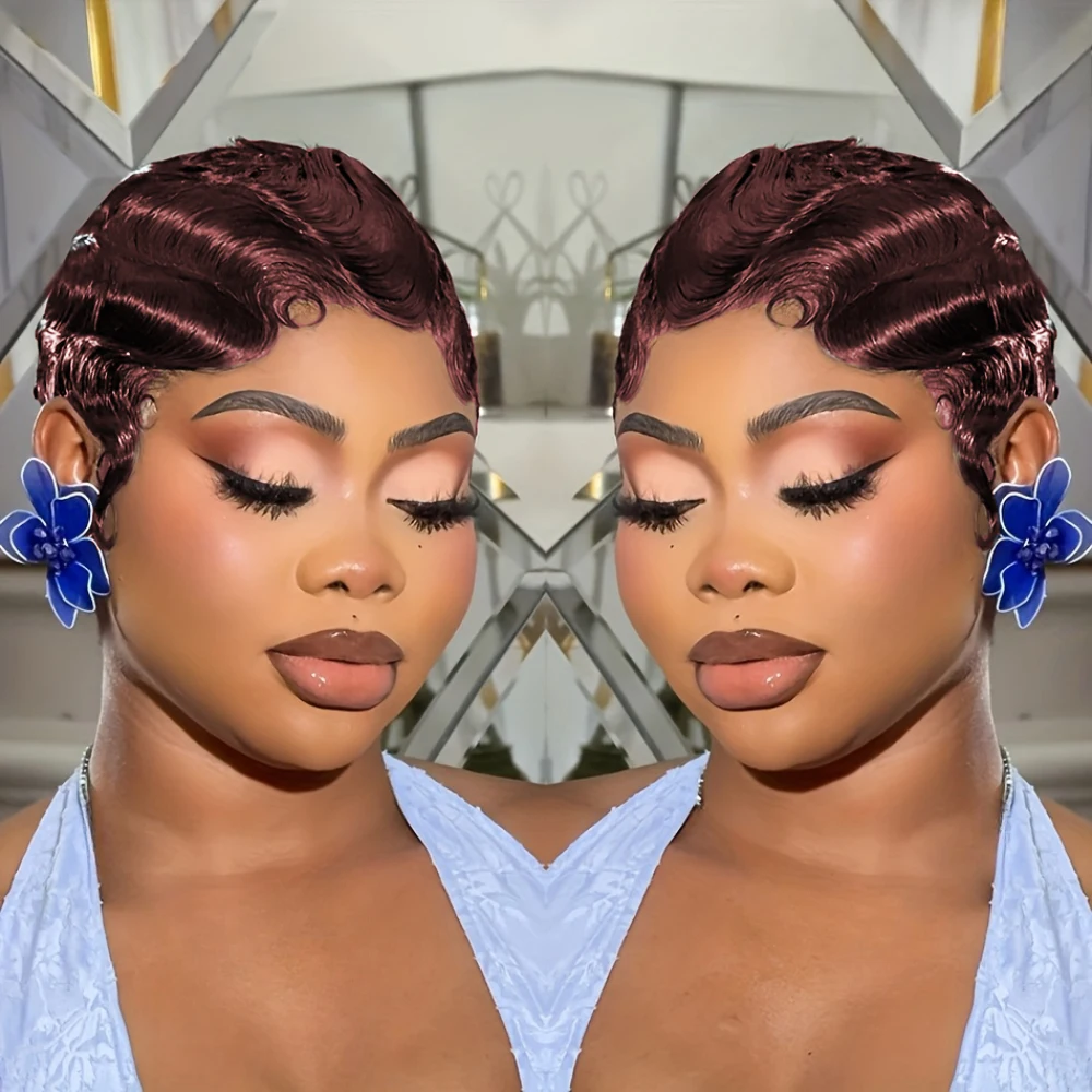 Short Curly Wave Wigs Human Hair For Women Full Machine Made Wig Finger Wave Wig 150% Density