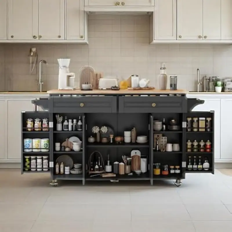 Rolling Kitchen Island Cart with Drop Leaf Countertop 59 Inch Wide Engineered Wood Construction Two Lockable Wheels Four Enclose