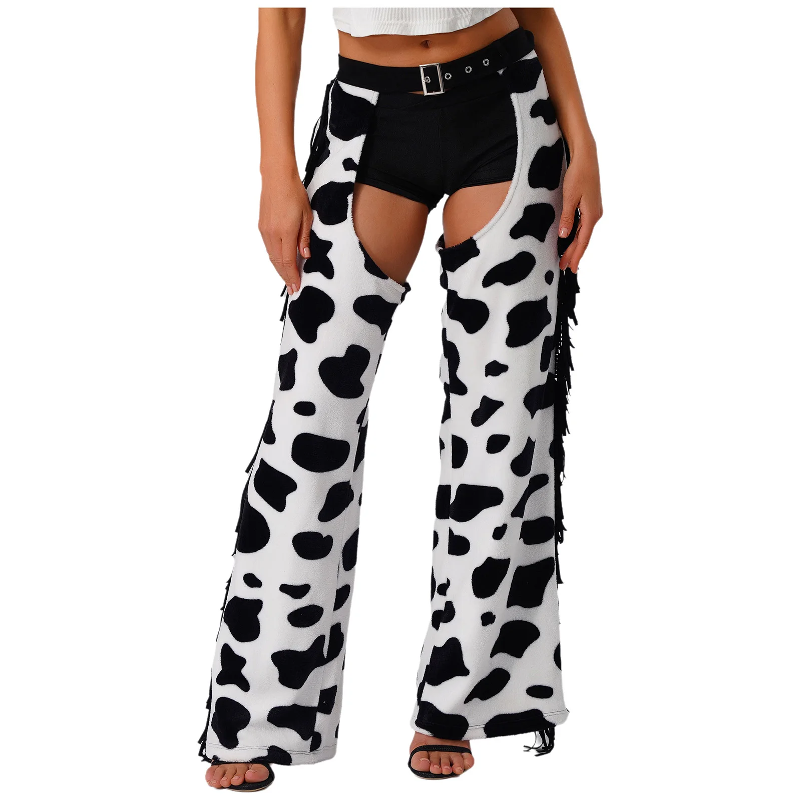 Pantalones de franela con manchas de vaca para mujer, disfraz de vaquero de Halloween, disfraz de Cosplay con entrepierna abierta, pantalones de vaquera con borla lateral