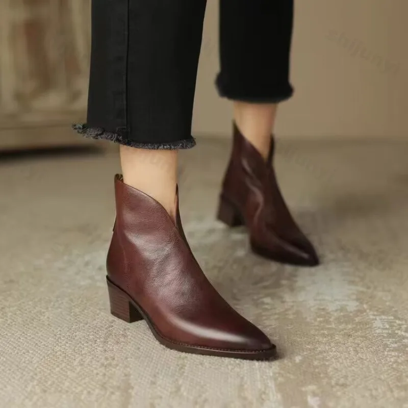 

Women Ankle Boots 2025 Autumn Winter Retro Pointed Toe Chelsea Boots PU Leather Femme Mid-heel Stubby Short Boots Botas Mujer