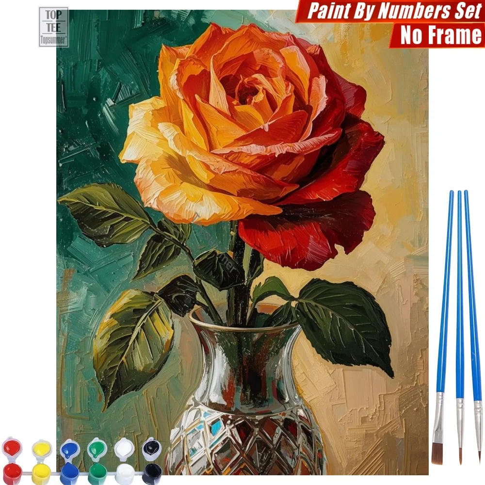 Kit de Pintura al Óleo Digital DIY con Diseño de Rosa en Jarrón Plateado - Fondo Rico en Tonos Naranja-Rojo, Decoración para el Hogar y el Dormitorio, Regalo para el Día de la Madre o para la Abuela