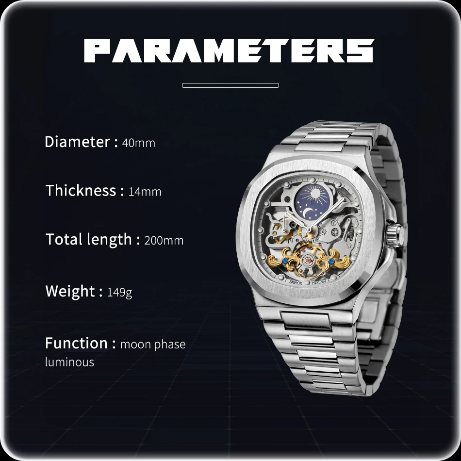 2026 High-end Luxury SKROX Square Man Watch Sapphire Stainless Steel Skeleton Moon Phase Classic Automatic Movement Male Watches
