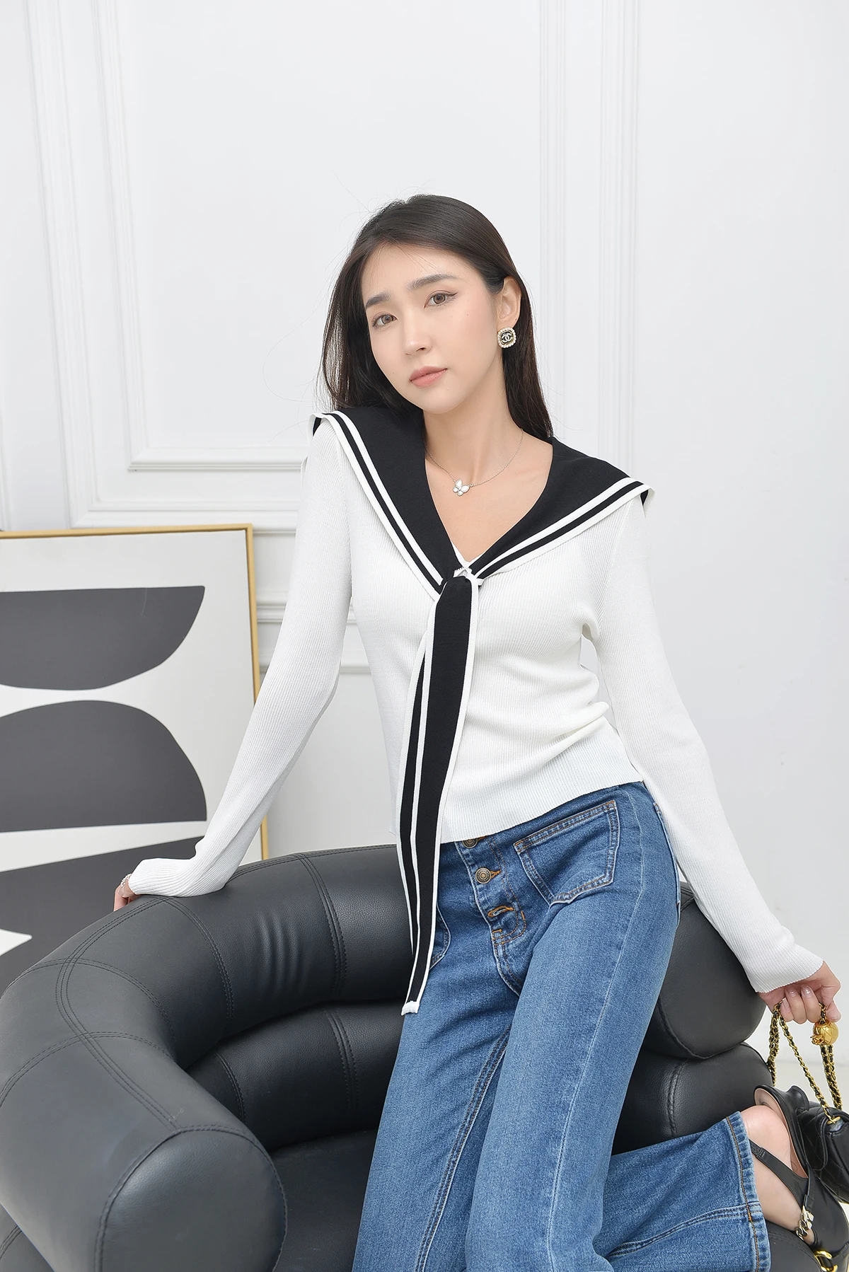 네이비 칼라 롱 슬리브 티셔츠 여성 슬림핏 니트 탑 고급 버전 가을 겨울 디자인 감각 패셔너블