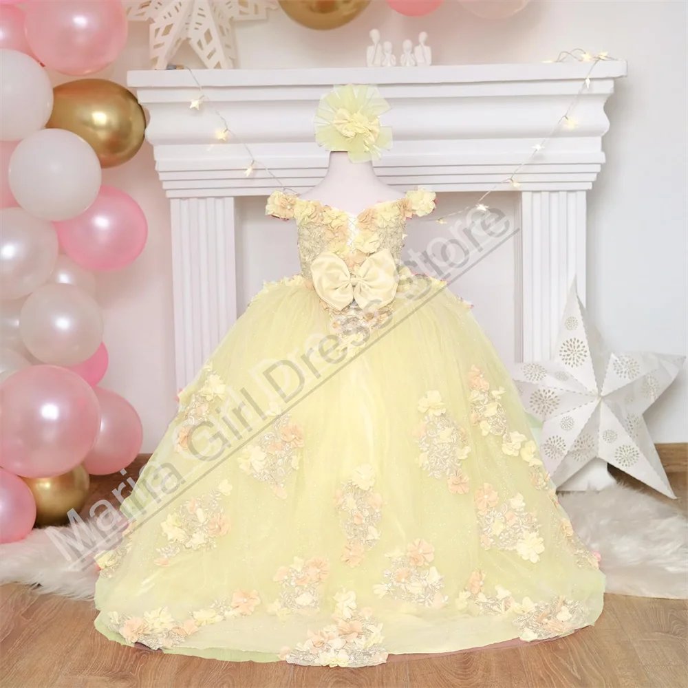 Custom Pink Flower Girl Dress Fluffy Mesh Applique Kids Toddler Birthday Party Banquet Performance Wedding Ball Dress