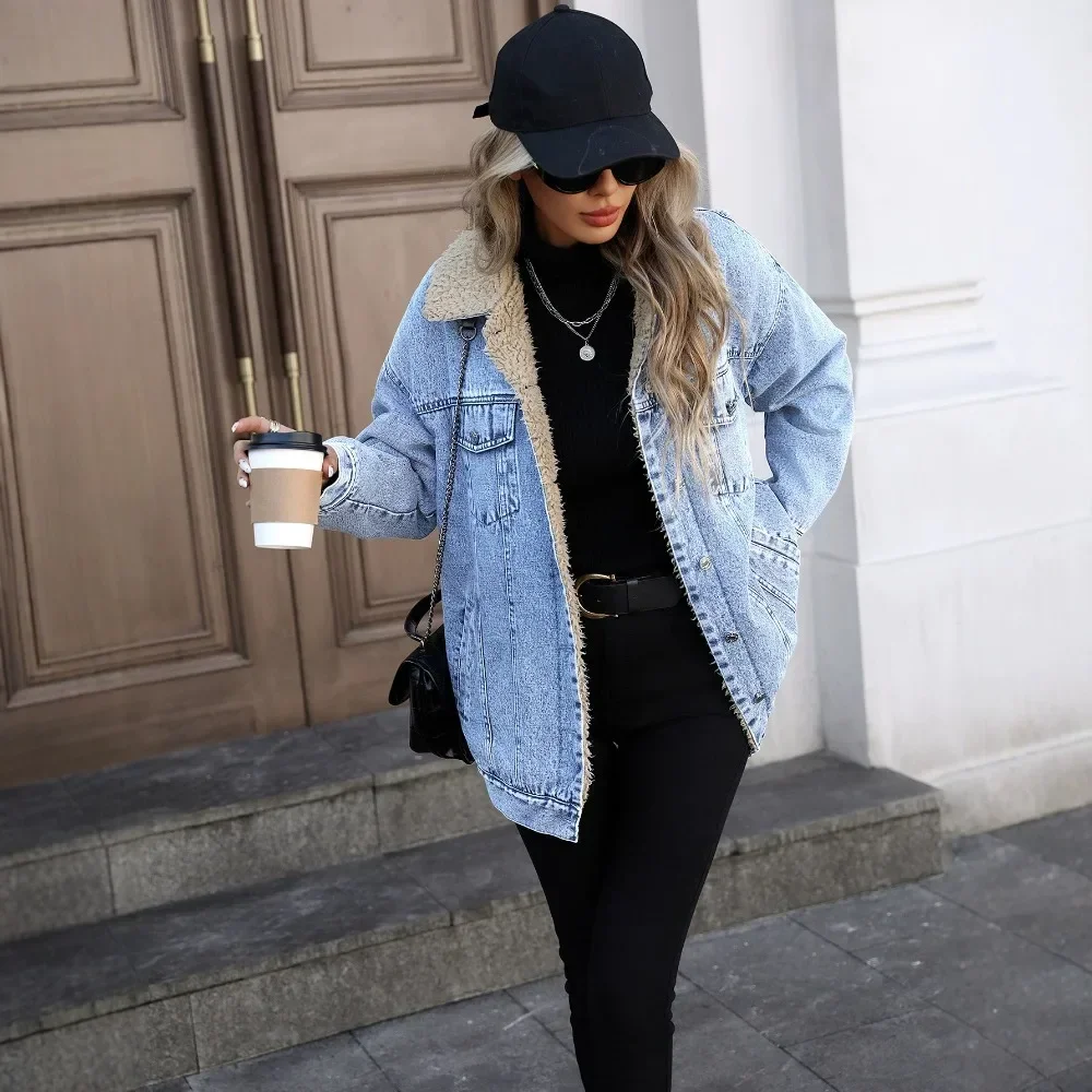 Women Loose Fleece Lined Denim Jacket Warm Oversized Fit Casual Daily Office Work Resort Wear Minimalist Chic Ladies Outerwear