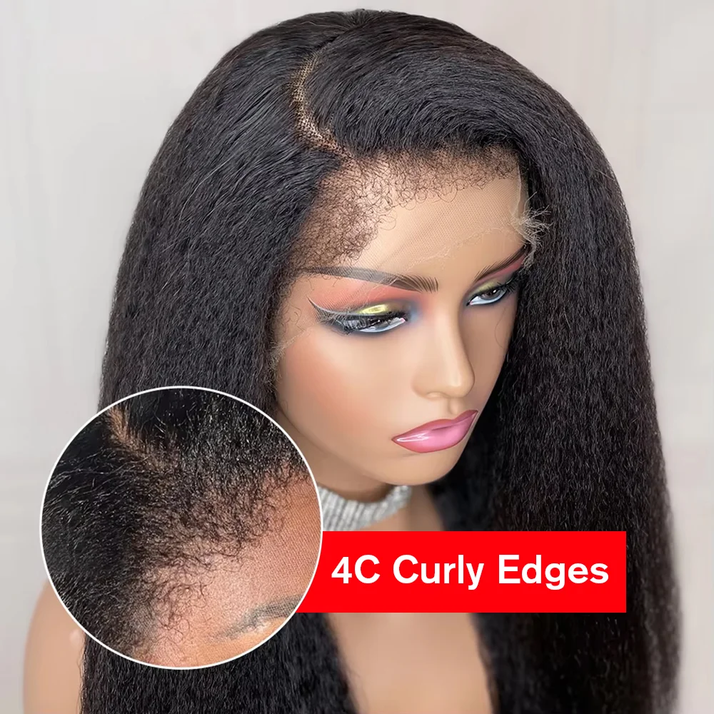 

4C Edges Kinky Straight Wig 13x6 HD Lace Frontal Wig Натуральный вьющийся парик из детских волос 250% Yaki Прямые парики из натуральных волос на кружеве спереди