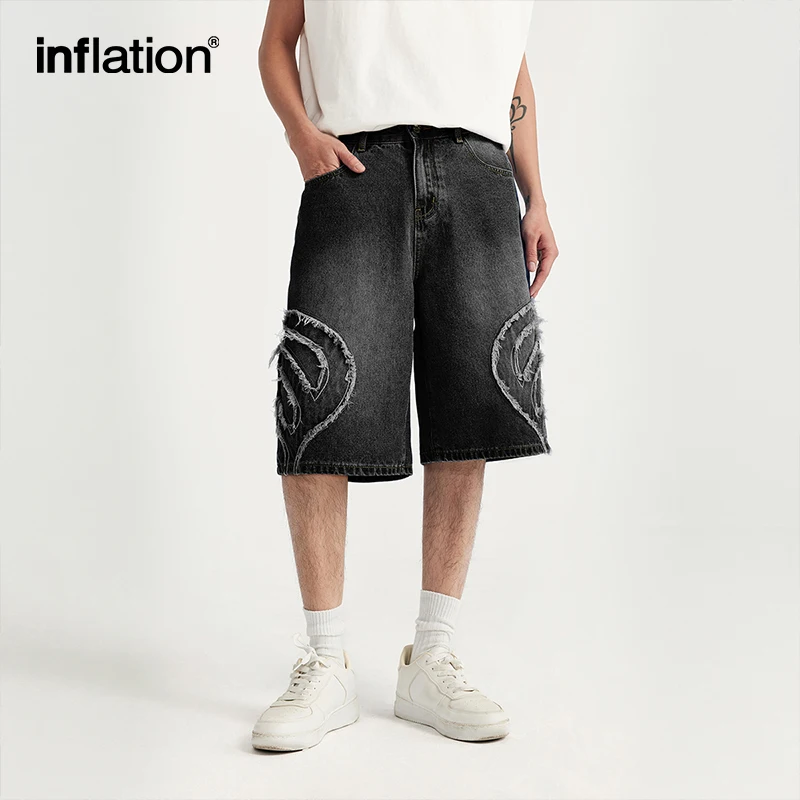 INFLATION Designer Patchwork Distressed Denim Shorts Unisex Straight Leg Cropped Jeans Shorts