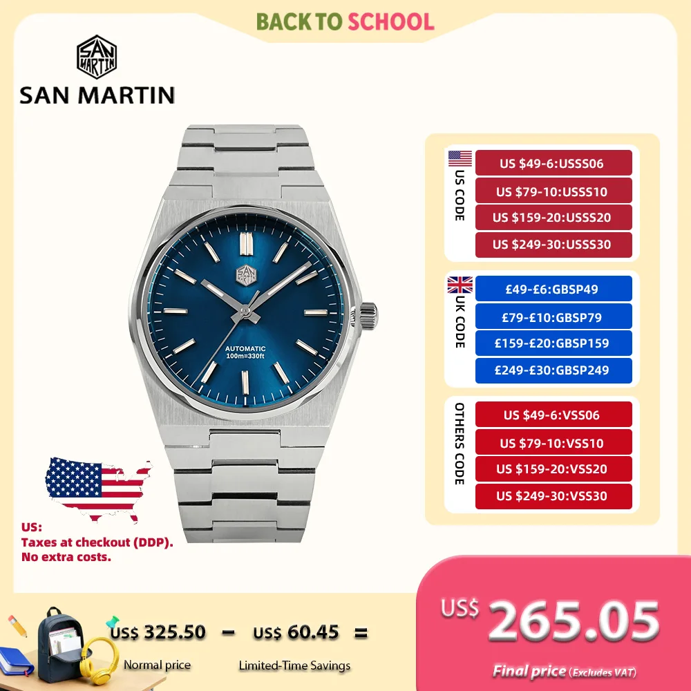 

San Martin 40 мм Miyota 9015 Механические часы Водонепроницаемые наручные часы для мужчин Роскошные BGW-9 Светящиеся водонепроницаемые 10 бар SN0023