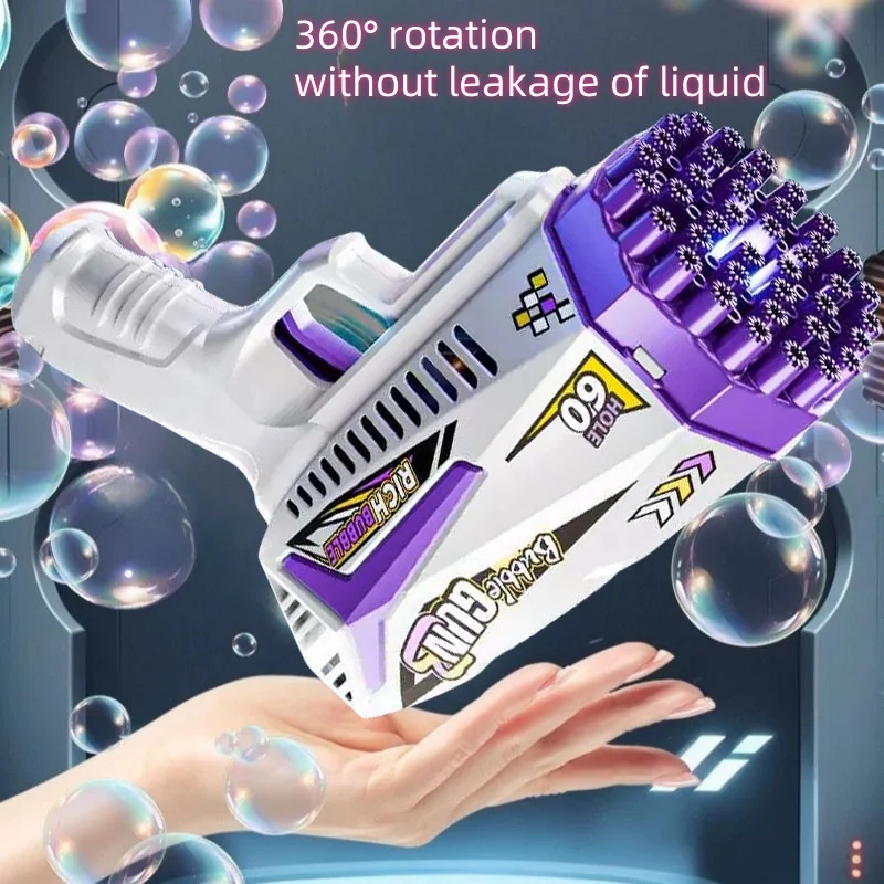 Pistola a bolle automatica ricaricabile di grande capacità con luci colorate, materiale plastico, adatta per compleanni interni ed esterni