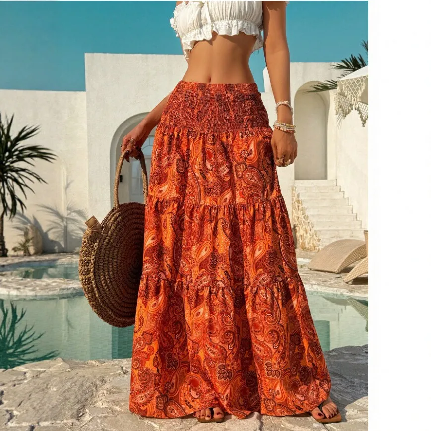 ONE TO WAN summer print high waist long skirt A-Line layered half body skirt french sweet style causal beach female skirt