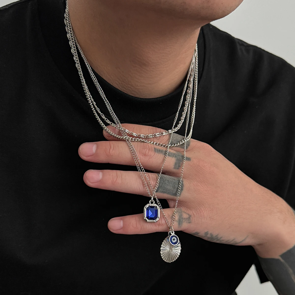 IngeSight.Z 4 Pcs/Set Punk Multi Layered Stacked Sliver Color Necklace Men Retro Geometry Blue Rhinestone Pendant Necklaces New